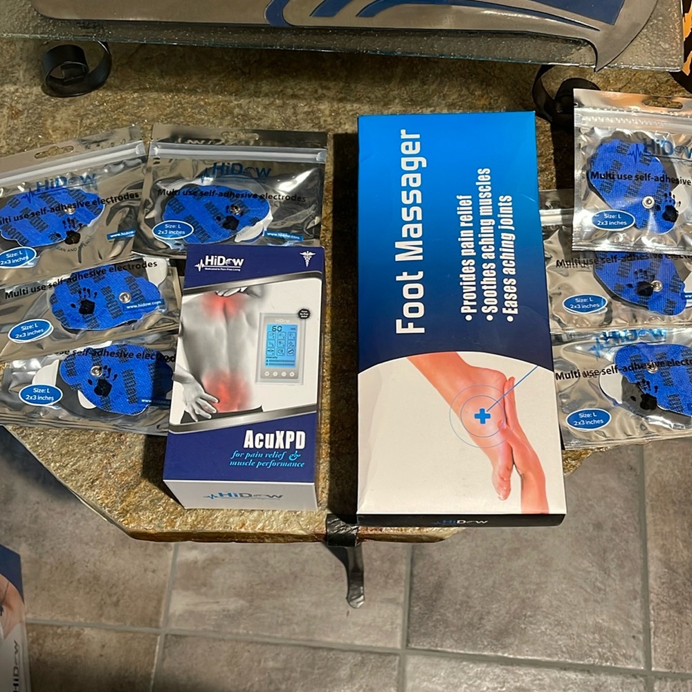New HiDow AcuXPD TEMS device w/extra electrodes, and foot massaging flip flops